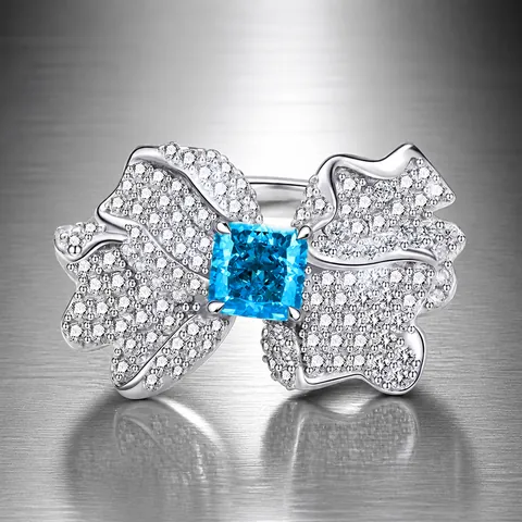 925 Sterling Silver Butterfly Wing Ring For Women Inlaid Square Light Sea Blue Zirconia Elegant Bowknot Jewelry Finger Ring Gift