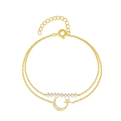 S925 Sterling Silver Star Moon Double Layer Bracelet For Women Elegant Rhinestone Link Chain Adjustable Fashion Jewelry Gift