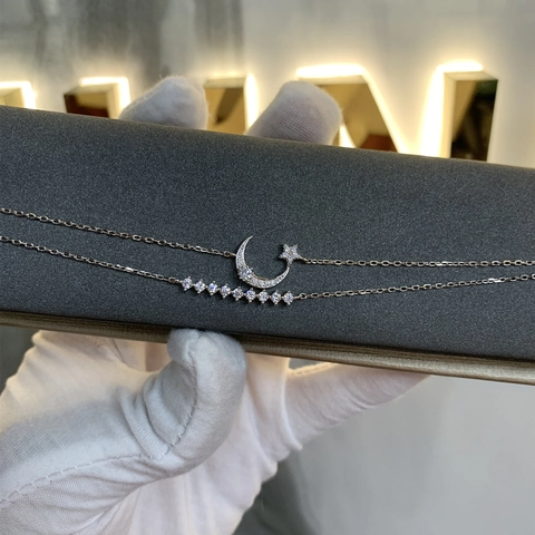 S925 Sterling Silver Star Moon Double Layer Bracelet For Women Elegant Rhinestone Link Chain Adjustable Fashion Jewelry Gift