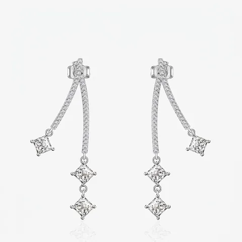 925 Sterling Silver Long Drop Earrings For Women Geometric Princess Cut Zirconia Inlaid Elegant Tassel Dangle Earrings Jewelry