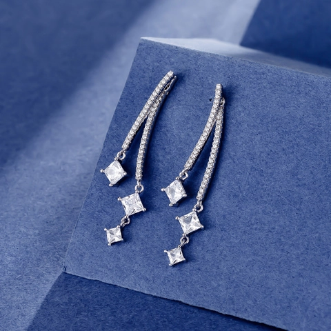 925 Sterling Silver Long Drop Earrings For Women Geometric Princess Cut Zirconia Inlaid Elegant Tassel Dangle Earrings Jewelry
