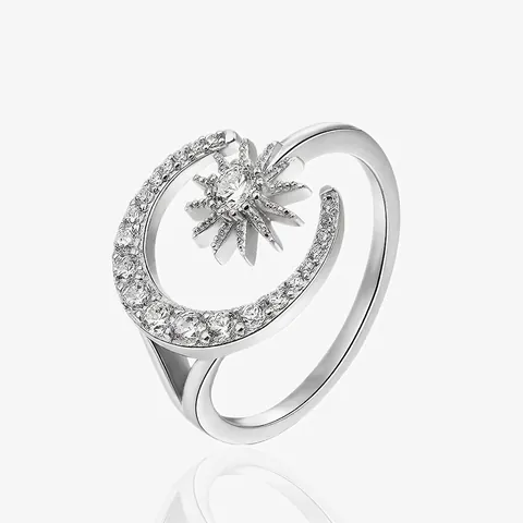 Anillo Abierto de Plata de Ley 925 Estrella Luna para Mujer con Circonia Incrustada Anillo Ajustable Joyería Moda Estilo Ins Regalo