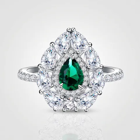 Lussuoso Anello con Smeraldo Artificiale a Forma di Pera in Argento S925 con Aureola di Strass Gioielli Cocktail per Donna Regalo