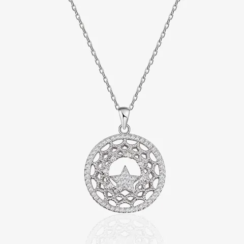 Collar Con Colgante De Estrella Redonda Hueca De Plata De Ley S925 Para Mujer Micro Pavé De Diamantes De Imitación Joyería