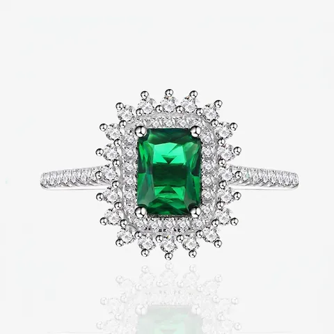 925 Sterlingsilber Ring Für Damen Sonnenblume Halo Simulierte Smaragd Zirkonia Ring Smaragdschliff Eingelegte Schmuck Fingerring