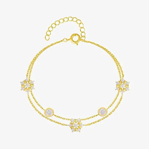 Double Layer 925 Sterling Silver Snowflake Flower Rhinestone Bracelet For Women Adjustable Minimalist Elegant Fine Jewelry Hand Accessory Birthday Gift Party Ornament