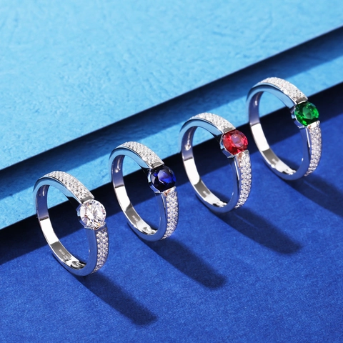 Classico Anello in Argento Sterling 925 Con Pietra Rotonda Colorata E Micro Pave Strass Fascia Geometrica Gioielli Donna Regalo
