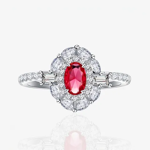 Anillo Halo Ovalado de Plata de Ley 925 Vintage Lujoso Incrustado Rojo Azul Verde Blanco Diamantes Imitación Boda Joyería Mujer