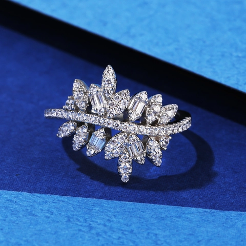 Lussuoso Anello a Ramo di Foglia in Argento Sterling 925 per Donna con Strass Scintillanti Micro Intarsiati Gioielli per Matrimonio Festa