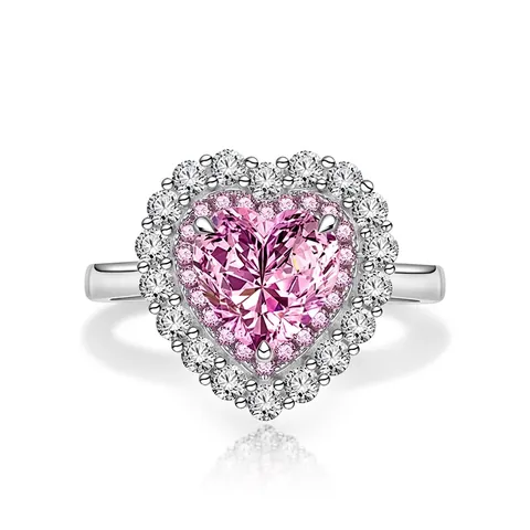 925 Sterling Silver Heart Shaped Pink Yellow Rhinestone Ring Elegant Double Halo Wedding Jewelry For Women Engagement Finger Ring