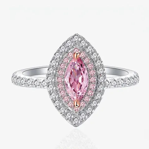 925 Sterling Silver Marquise Cut Pink Rhinestone Ring For Women Double Halo Pavé Setting Luxurious Fashion Jewelry Gift