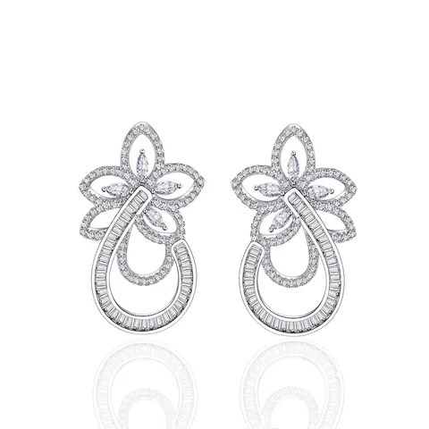 Irregular Flower Micro Pave Rhinestone 925 Sterling Silver Stud Earrings For Women Vintage Luxury Sparkly Silver Floral Ear Jewelry Wedding Party Gift