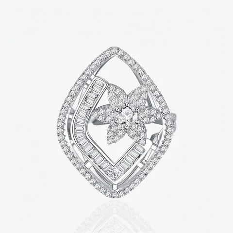 S925 Sterling Silver Rhombus Paved Zirconia Flower Ring For Women Vintage Elegant Geometrical Hollow Finger Ring Jewelry