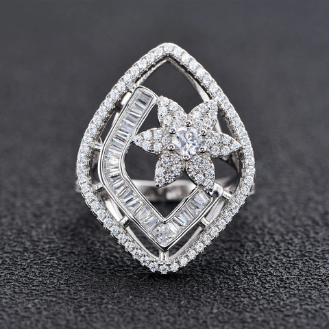 S925 Sterling Silver Rhombus Paved Zirconia Flower Ring For Women Vintage Elegant Geometrical Hollow Finger Ring Jewelry
