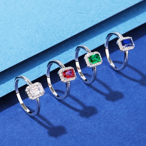 Emerald Slijpvorm Zirconia Halo Ring 925 Sterling Zilver Rechthoekig Blauw Rood Groen Wit Steen Sieraden Voor Dames