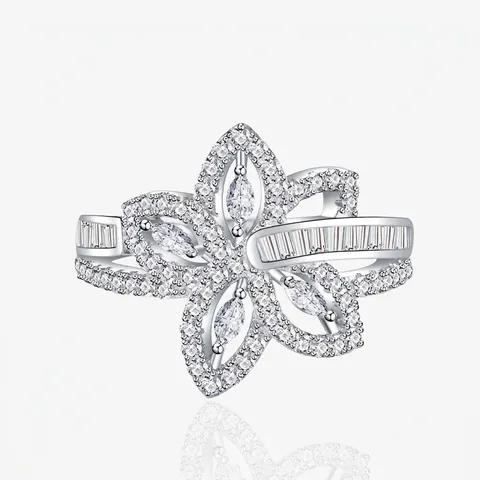 Anello a Fiore Irregolare in Argento Sterling 925 Lussuoso Micro Pavé di Zirconia Design Floreale Esagerato Gioiello Anello per Donna