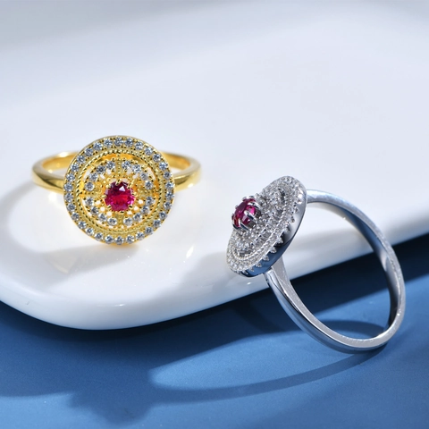 Vintage 925 Sterling Silver Simulated Ruby Round Disk Ring For Women Luxurious Rhinestone Inlaid Gold Silver Plated Jewelry