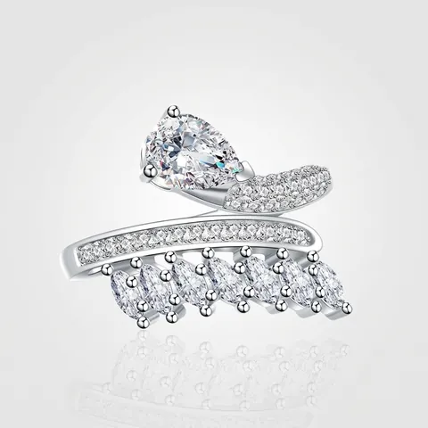 Anello Incrociato in Argento Sterling 925 con Zirconia e Piume per Donna Lussuoso Gioiello a Forma di Pera Intarsiato Regolabile