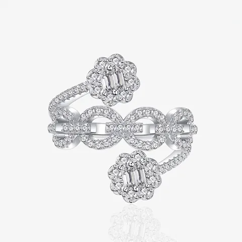Anello in Argento Sterling S925 con Catena a Fiore per Donna Lussuoso Esagerato con Zirconia Intarsiata Anello a Fascia Larga Gioielli Regalo