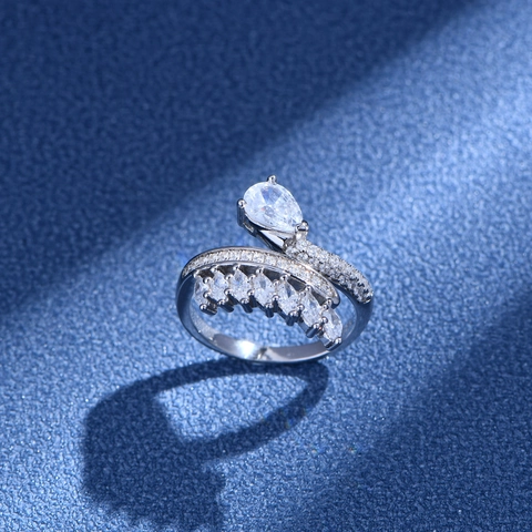 Anello Incrociato in Argento Sterling 925 con Zirconia e Piume per Donna Lussuoso Gioiello a Forma di Pera Intarsiato Regolabile