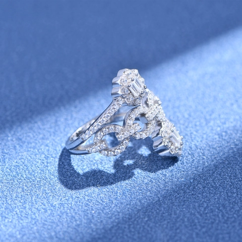 Anello in Argento Sterling S925 con Catena a Fiore per Donna Lussuoso Esagerato con Zirconia Intarsiata Anello a Fascia Larga Gioielli Regalo