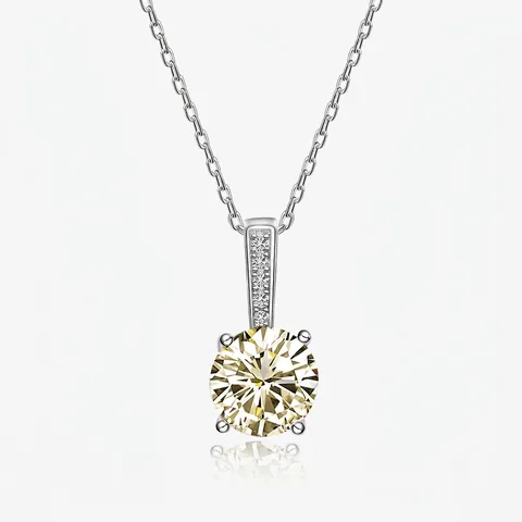 S925 Sterling Silver Necklace For Women Round Brilliant Cut Light Yellow Pink Rhinestone Solitaire Pendant Necklace Jewelry