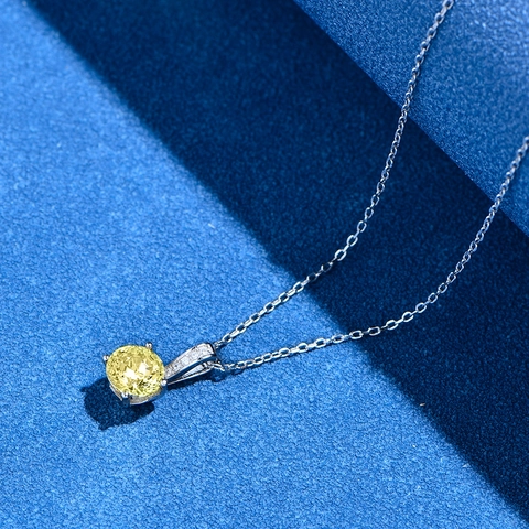 S925 Sterling Silver Necklace For Women Round Brilliant Cut Light Yellow Pink Rhinestone Solitaire Pendant Necklace Jewelry