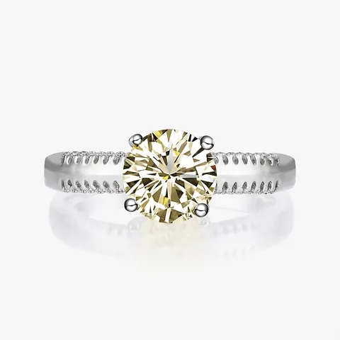 925 Sterling Silver Ring For Women Round Cut Light Yellow Pink Rhinestone Four Prong Minimalist Inlaid Fashion Finger Jewelry