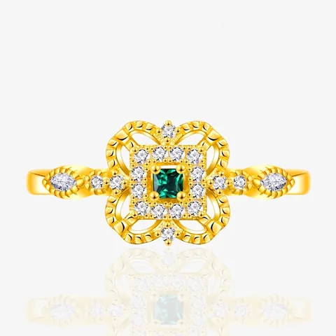 Anillo de Trébol de Cuatro Hojas de Plata de Ley 925 Vintage para Mujer Chapado en Oro de 18K Circonia Verde Esmeralda Anello Hueco