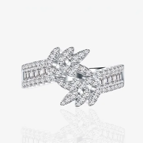 Anello in Argento Sterling 925 a Doppia Fila di Foglie per Donna Intarsio in Zirconia Design di Nicchia Vintage Lusso Scintillante Gioielli