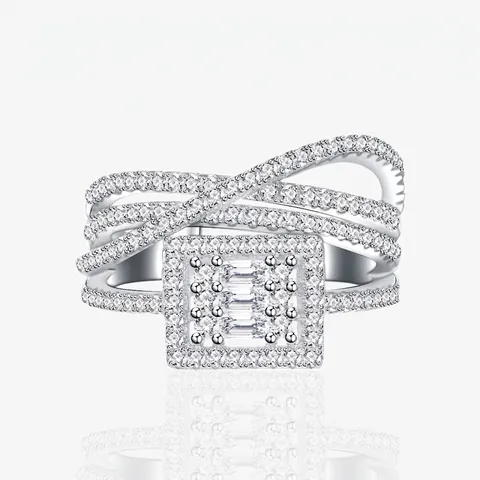 Luxus 925 Sterlingsilber 4-Lagen Gekreuzter Linien Ring Für Damen Geometrisch Quadratisch Mikro-Eingelegter Strass Modeschmuck Geschenk