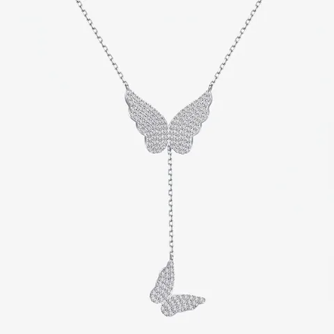 Collana con Pendente a Farfalla e Nappina in Argento Sterling 925 per Donna Elegante Catena per Clavicola Intarsiata di Strass Gioielli alla Moda