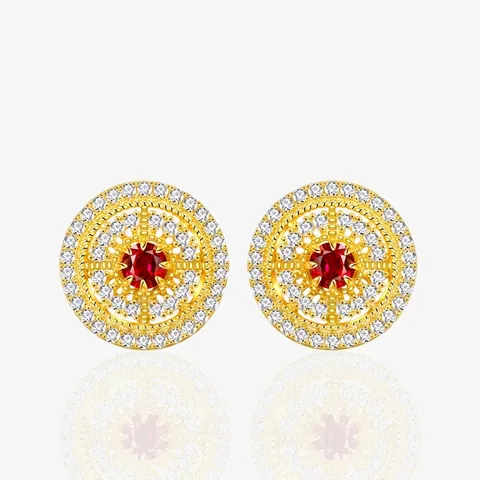 Orecchini a Bottone Tondi Vuoti con Pavè di Strass e Rubino Sintetico per Donna Argento 925 Placcato Oro Gioielli di Lusso