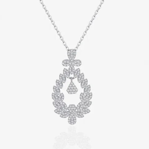 Collar con Colgante de Flor y Hoja de Plata de Ley 925 Elegante Gota de Agua de Strass para Mujer Joyas de Lujo