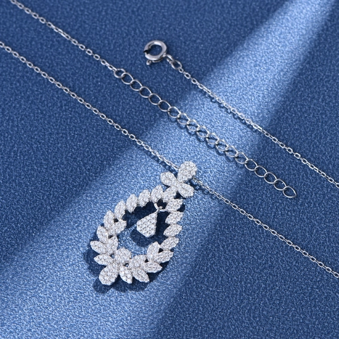 Collar con Colgante de Flor y Hoja de Plata de Ley 925 Elegante Gota de Agua de Strass para Mujer Joyas de Lujo