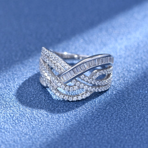 Luxury 925 Sterling Silver Multi Layer Wave Ring For Women Exquisite Zirconia Inlaid Geometric Cross Design Fashion Finger Jewelry Gift