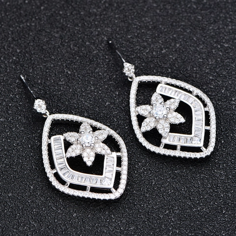 Rhombic Hollow Flower Micro Pave Zirconia S925 Sterling Silver Stud Earrings Exaggerated Individual Drop Earrings For Women