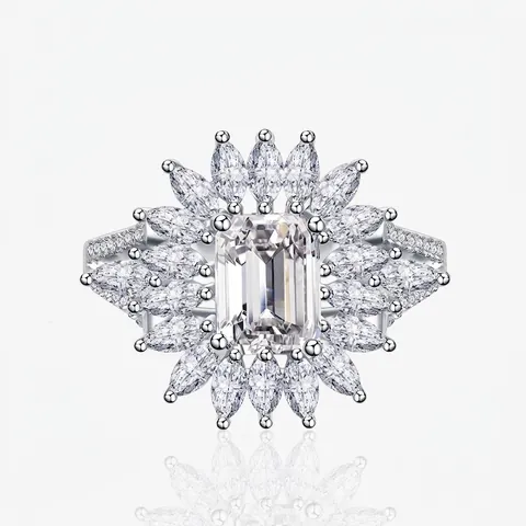 Lujoso Anillo de Plata de Ley 925 Corte Asscher Circonia Girasol para Mujer Vintage Halo Marquise Ráfaga de Estrellas Anillo Boda Joyería