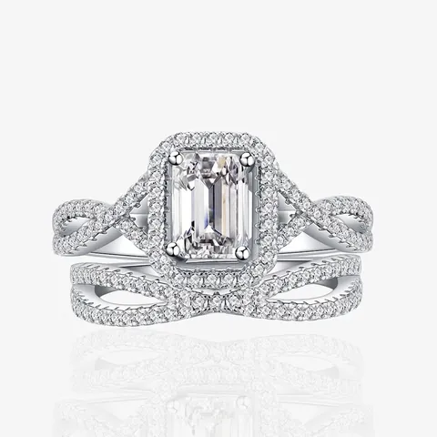 Set di Due Anelli in Argento Sterling 925 con Zirconia Taglio Smeraldo per Donna Fascia Intrecciata Halo Gioielli Matrimonio Lusso