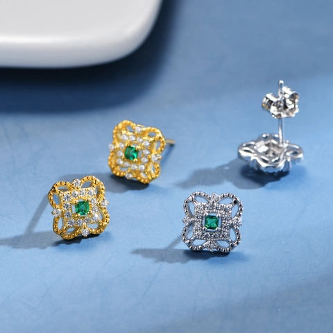 Vintage 925 Sterling Zilveren Klaver Oorknopjes Voor Vrouwen 18K Verguld Ingelegde Groene Edelsteen Strass Sieraden
