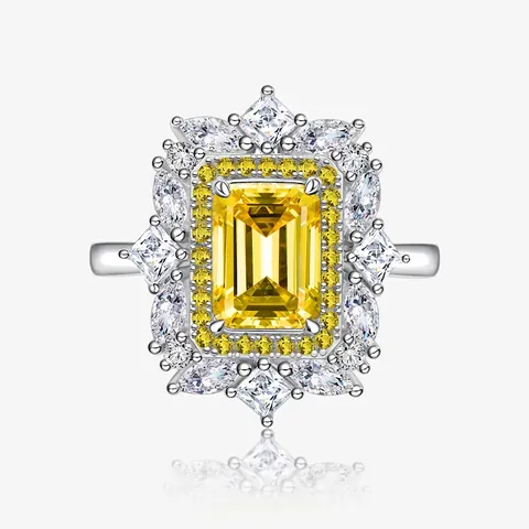 Lujoso Anillo Halo de Plata de Ley 925 Corte Esmeralda Diamante de Imitación para Mujer Amarillo Blanco Geométrico Boda Fiesta Joyería