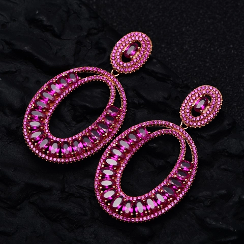 925 Sterling Silver Rose Gold Plated Oval Drop Earrings For Women Luxury Pink Zirconia Inlaid Double Hoop Jewelry Gift