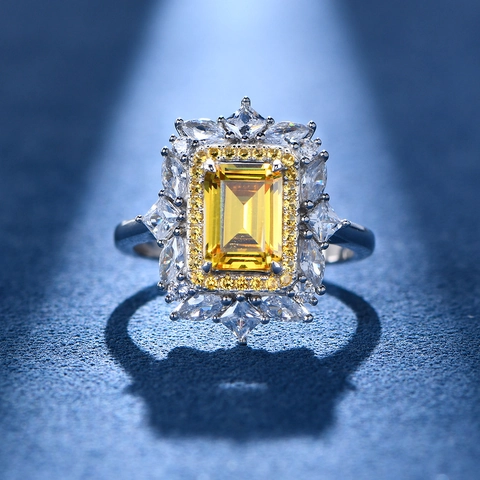 Lujoso Anillo Halo de Plata de Ley 925 Corte Esmeralda Diamante de Imitación para Mujer Amarillo Blanco Geométrico Boda Fiesta Joyería