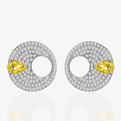 Orecchini a Bottone a Disco Tondo in Argento Sterling 925 Strass Giallo Bianco Taglio a Pera Gioielli Geometrici Eleganti da Donna