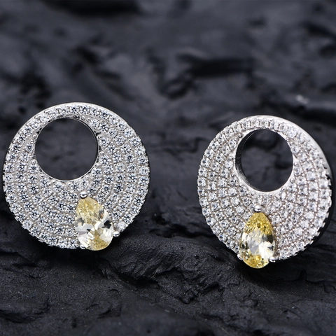 Orecchini a Bottone a Disco Tondo in Argento Sterling 925 Strass Giallo Bianco Taglio a Pera Gioielli Geometrici Eleganti da Donna