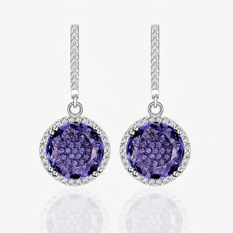 925 Sterling Silver Purple Round Rhinestone Halo Drop Earrings For Women Elegant Dangle Ear Jewelry Fashion Accessory Gift