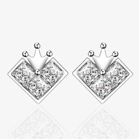 925 Sterling Silver Crown Heart Stud Earrings For Women Princess Cut Zirconia Elegant Ear Piercing Silver Jewelry