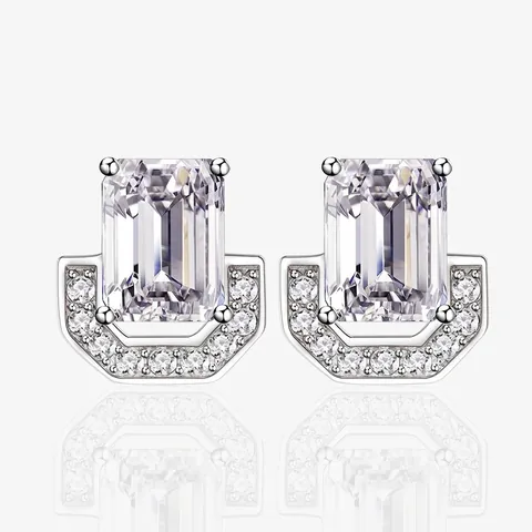 Orecchini a Bottone in Argento Sterling 925 Con Zirconia Rettangolare Taglio Smeraldo e Pavé a U Gioielli Donna Minimalisti