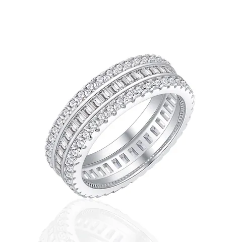925 Argento Sterling Anello a Tre File Pavè Lusso Baguette Rotondo Zirconia Eternity Band per Donna Matrimonio Gioielli