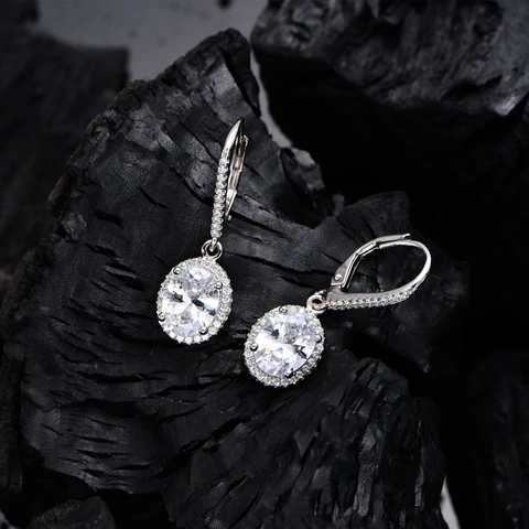 Elegant 925 Sterling Silver Oval Zirconia Drop Earrings For Women Classic Halo Leverback Earrings Wedding Banquet Jewelry Gift